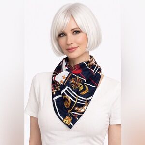 Vintage Nautical Silk Feel Scarf Navy Gold Rope Chain Print Large V Shape Wrap